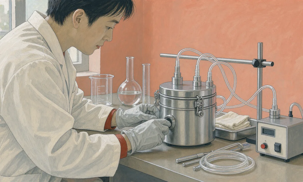 Illustration of an anonymous technician adjusting unbranded peptide production equipment at a laboratory bench