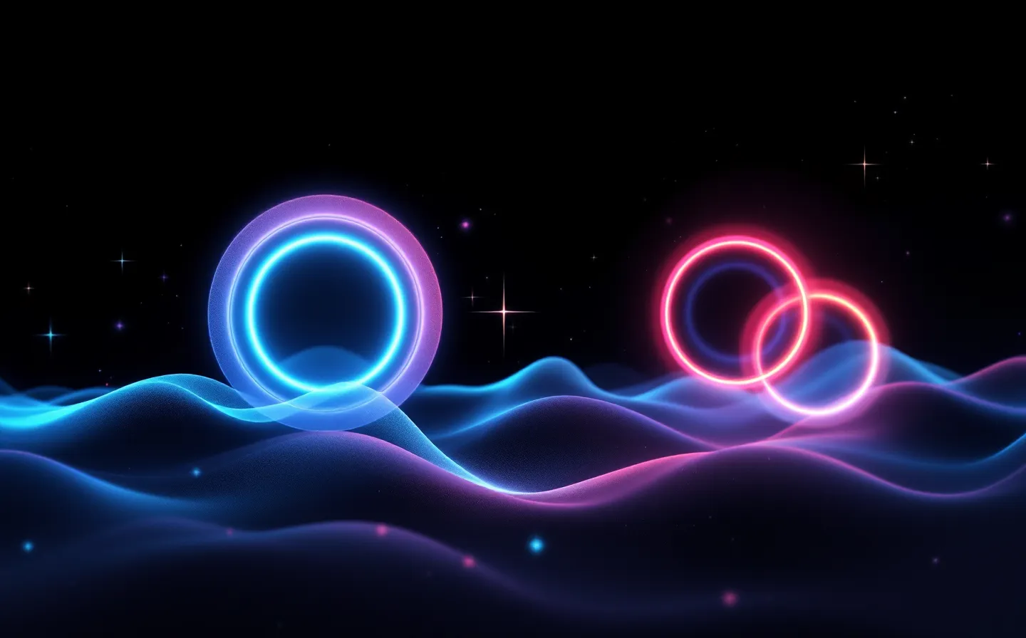 Glowing concentric ring arcs over a slow delta sleep-wave on a black background