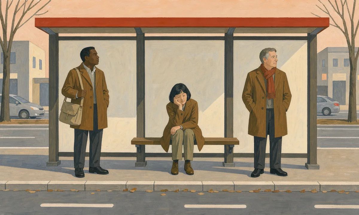 Illustrated commuters waiting in soft morning light, some alert and others looking tired