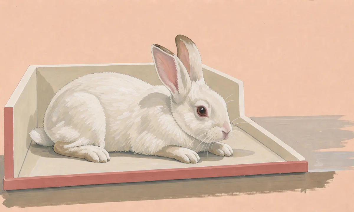 Gouache illustration of a white rabbit resting in a pale laboratory enclosure