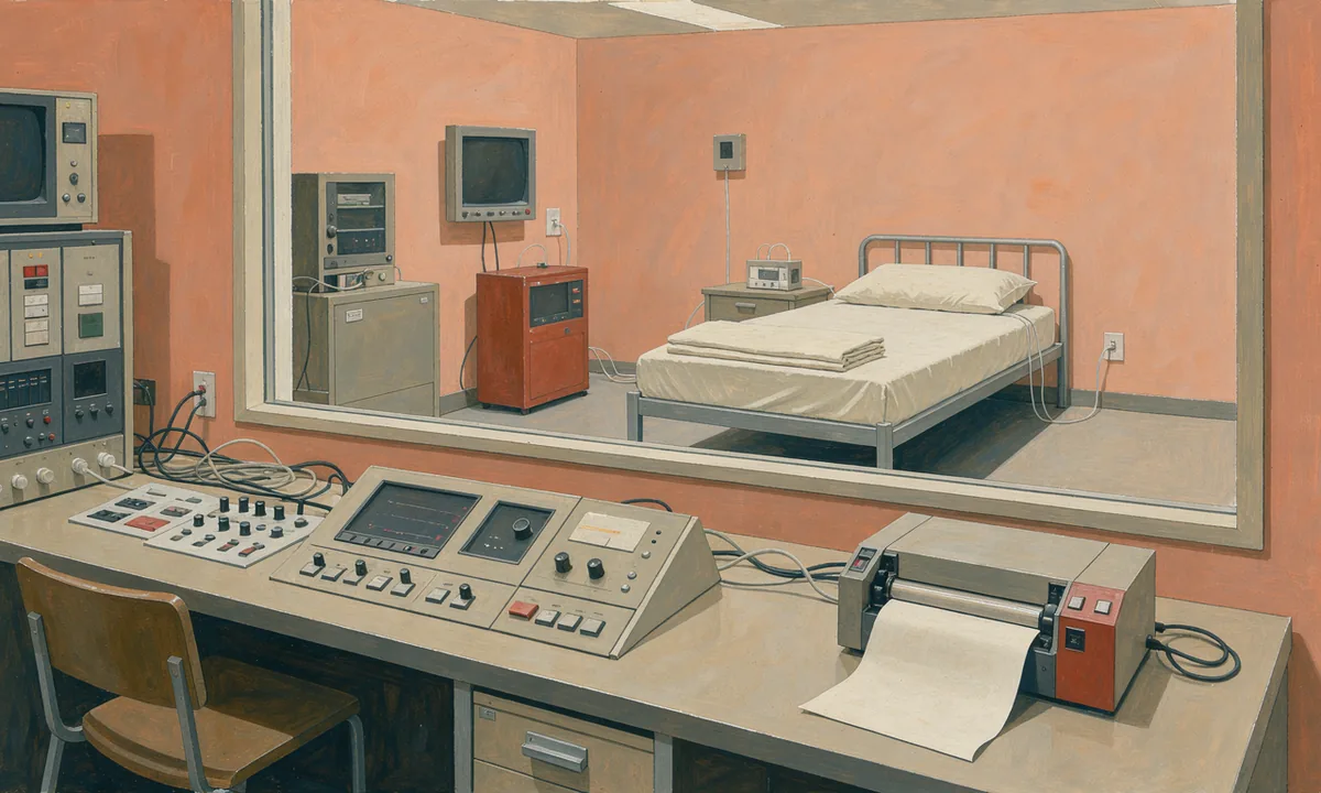 Illustrated sleep-recording room with an empty bed beyond glass and a paper recorder in the foreground